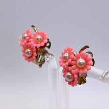 Load image into Gallery viewer, Original 1950's Pink Plastic Floral Earrings with Faux Pearl Middles