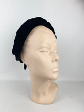 Load image into Gallery viewer, Original 1950's Black Velvet Close Fitting Hat with Bow and Petal Trim *