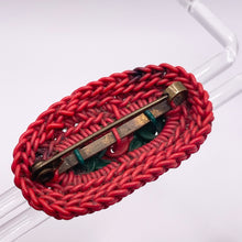 Load image into Gallery viewer, Original 1940's Red and Green Wartime Make Do and Mend Wirework Brooch with Triple Flower Button Middle