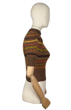 Load image into Gallery viewer, Reproduction 1930's Brown Hand Knitted Alpaca Wool Stripe Jumper with Puff Sleeves and Double Button Fastening - Bust 32 *