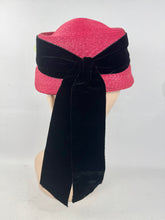 Load image into Gallery viewer, Original 1950's Cherry Red Straw hat with Wide Black Velvet Trim and Cream and White Floral Trim