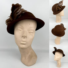 Load image into Gallery viewer, Vintage Warm Brown Felt Hat with Rounded Crown and Large Feather Trim