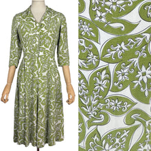Load image into Gallery viewer, Original 1940’s Green and White Crepe Day Dress with Leaf Print - Bust 34 35