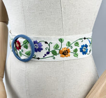Load image into Gallery viewer, Original 1930's Embroidered Cream Linen Belt with Blue Buckle - Silk Flowers in Red, Purple, Mustard, Blue and Orange