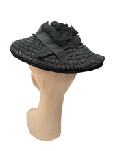 Load image into Gallery viewer, Original 1940's Black Straw Hat with Net Ruffle Trim and Grosgrain Band