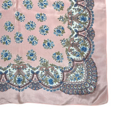 Load image into Gallery viewer, Original 1950's Salmon Pink Silk Crepe Scarf with Floral Print in Blue, Green, White and Black - Great Headscarf