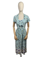 Load image into Gallery viewer, Original Late 1940's or Early 1950's Floral Border Print Dress and Bolero in Blue, Purple, Mustard, Black and White - Bust 32 33