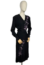 Load image into Gallery viewer, Original 1940's Black Satin Backed Crepe Long Sleeved Cocktail Dress with Lilac Purple Floral Silk Embroidery - Bust 36 38 *