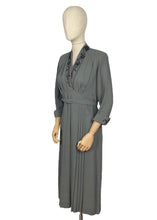 Load image into Gallery viewer, Original 1940's Grey Wool Crepe Belted Dress with Beaded Bodice and Cuff Detail - Bust 38 *