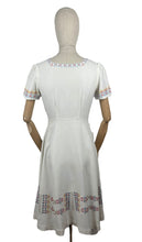 Load image into Gallery viewer, Original 1930's White Linen Day Dress with Pretty Embroidery in Red, Blue, Yellow and Brown - Bust 32 33 *