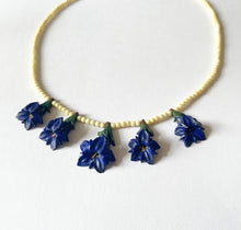 Load image into Gallery viewer, Original Mid Century Carved Bovine Bone Necklace Featuring Five Gentian Violet Flowers