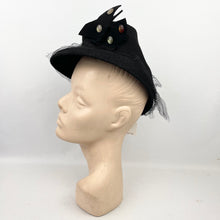 Load image into Gallery viewer, Incredible Original 1930's 1940's Black Felt Topper Hat with Net, Glass Beads and Butterfly Trim *