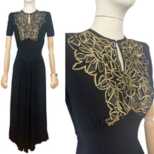 Load image into Gallery viewer, Original 1940’s Black Crepe Evening Dress with Lattice Work Front - Bust 32 34