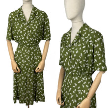 Load image into Gallery viewer, Original 1940's Green and Ivory Feather and Bow Novelty Print Dress - Bust 40