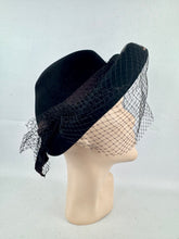 Load image into Gallery viewer, Outstanding Original 1940's Inky Black Felt Heart Hat with Face Veil and Stud Detail