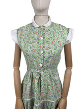 Load image into Gallery viewer, Original Late 1940's or Early 1950's Green Cotton Belted Day Dress with Leaf Print in Black, White, Red and Blue - Bust 34 *