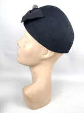 Load image into Gallery viewer, 1930’s Inky Black Felt Close Fitting Felt Hat with Art Deco Clear Paste Trim in a Good Size