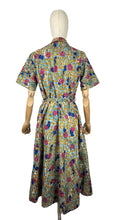 Load image into Gallery viewer, Original 1950's Bold Floral Crisp Cotton Belted Chore Dress by Banner - Blue with Pink Roses - Bust 40 *