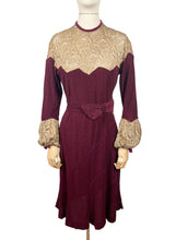 Load image into Gallery viewer, Absolutely Stunning Original 1930's Burgundy Chenille Dress With Bow Belt, Pointed Lace Yoke and Full Sleeves - Bust 34 35