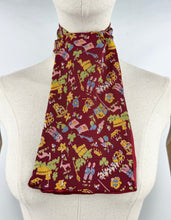 Load image into Gallery viewer, Original 1953 Queen Elizabeth II Coronation Commemorative Cravat - Fabulous Novelty Print on Burgundy Crepe