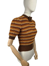 Load image into Gallery viewer, Reproduction 1940's Waffle Stripe Jumper with Bow Neck in Autumnal Shades of Brown and Rust with Cream Accent - Knitted from a Wartime Pattern - Bust 34 36