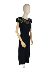 Load image into Gallery viewer, Original 1940's Ellen Kaye Original Black Crepe Cocktail Dress with Floral Sequin Detail in Pink and Green - Bust 32 34