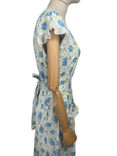Load image into Gallery viewer, Original 1940's White and Blue Floral Cotton Button Back Belted Day Dress with Ruffle Trim - Bust 38