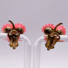 Load image into Gallery viewer, Original 1950's Pink Plastic Floral Earrings with Faux Pearl Middles