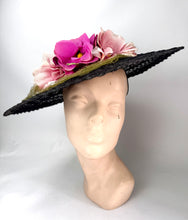 Load image into Gallery viewer, Original 1940's Black Mesh Pancake Hat with Pink Flower and Green Net Trim *