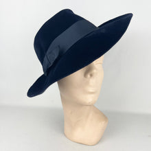 Load image into Gallery viewer, Original 1940’s Midnight Blue Fur Felt Fedora Hat with Wide Brim