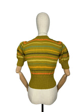 Load image into Gallery viewer, Reproduction 1930's Hand Knitted Pure Wool Stripe Jumper with Puff Sleeves and Double Button Fastening - Bust 34 36