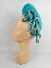 Load image into Gallery viewer, Original 1950's Bright Turquoise Blue Felt High Hat with Velvet Trim *