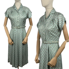Load image into Gallery viewer, Original 1950's St Michael Sage Green Artificial Silk Belted Day Dress with Pretty Floral Print in Pink, Yellow and White - Bust 34 36 *