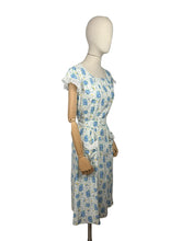 Load image into Gallery viewer, Original 1940's White and Blue Floral Cotton Button Back Belted Day Dress with Ruffle Trim - Bust 38