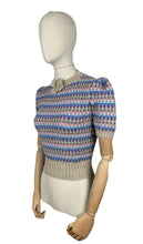 Load image into Gallery viewer, Reproduction 1940's Waffle Stripe Jumper with Bow Neck in Beige, Purple, Blue, Pink and Grey - Knitted from a Wartime Pattern - Bust 34 36