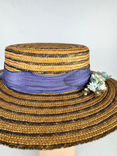 Load image into Gallery viewer, Original 1930's 1940's Blue Stripe Straw Hat with Floral Trim - Perfect Summer Hat *