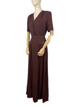 Load image into Gallery viewer, Original 1940's Chocolate Brown Crepe Full Length Belted Evening Dress with Bead and Sequin Trim - Bust 34" 35"