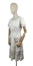 Load image into Gallery viewer, Original 1930's White Linen Day Dress with Pretty Embroidery in Red, Blue, Yellow and Brown - Bust 32 33 *
