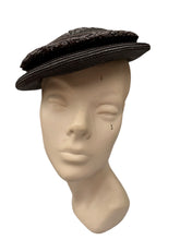 Load image into Gallery viewer, Original 1940's Dark Brown Lacquered Straw Hat with Wide Velvet Bow Trim