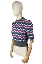 Load image into Gallery viewer, Reproduction 1940’s Hand Knitted Feather and Fan Striped Jumper in Grey, White, Blue and Pink - Bust 36 38