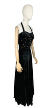 Load image into Gallery viewer, Original 1950’s Black Velvet Halterneck Full Length Evening Dress with Beaded Bodice - Bust 32 33
