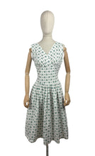 Load image into Gallery viewer, Original 1950’s White Cotton Sleeveless Day Dress with Blue Rosebud Print - Bust 36 37 *