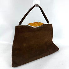 Load image into Gallery viewer, Original 1930's Warm Brown Suede Bag with Amber Coloured Carved Rose Clasp