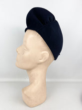 Load image into Gallery viewer, Original Late 1930's or Early 1940's Midnight Blue Felt High Hat with Bow Trim by Reslaw *