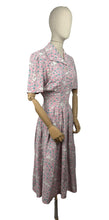 Load image into Gallery viewer, Original Late 1940's or Early 1950's Classic Floral Cotton Day Dress in Pink, White, Grey and Blue Floral - Bust 38