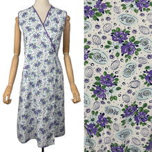 Load image into Gallery viewer, Original 1940's Floral Wraparound Apron in White, Purple, Blue and Green - Pretty Pinny - Bust 32 34 36