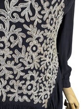 Load image into Gallery viewer, Original Late 1930's or Early 1940's Midnight Blue Crepe Day Dress with Long Sleeves and Amazing Soutache Waist Detail - Bust 34 35