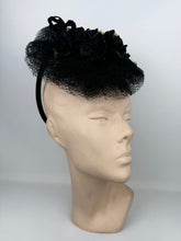 Load image into Gallery viewer, REPRODUCTION 1940's Black and Gold Net and Flower Topper Hat