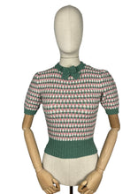 Load image into Gallery viewer, Reproduction 1940's Waffle Stripe Jumper in Slate Green, Pale Pink and White - Bust 33 34 35