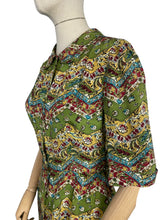 Load image into Gallery viewer, Original 1930's 1940's Green Crepe Day Dress with Floral Chevron Print in Red, Blue and Mustard